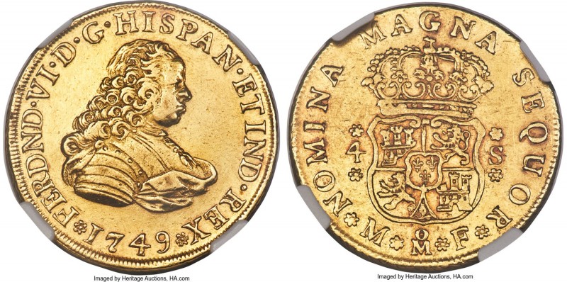 Ferdinand VI gold 4 Escudos 1749 Mo-MF AU Details (Obverse Tooled) NGC, Mexico C...