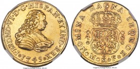 Ferdinand VI gold 4 Escudos 1749 Mo-MF AU Details (Obverse Tooled) NGC, Mexico City mint, KM137, Cal-106. A lightly tooled and thus affordable example...
