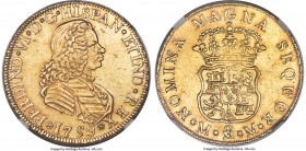 Ferdinand VI gold 4 Escudos 1759 Mo-MM AU Details (Cleaned) NGC, Mexico City mint, KM139, Fr-34. Quite attractive despite evidence of a prior cleaning...