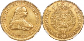 Ferdinand VI gold 8 Escudos 1749 Mo-MF AU Details (Reverse Spot Removed) NGC, Mexico City mint, KM150, Onza-599. Boldly struck with little actual wear...