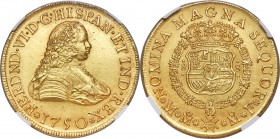 Ferdinand VI gold 8 Escudos 1750 Mo-MF MS60 NGC, Mexico City mint, KM150, Onza-600. A generally more difficult emission from the Mexican colonial 8 Es...