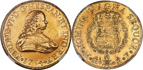 Ferdinand VI gold 8 Escudos 1754 Mo-MF AU58 NGC, Mexico City mint, KM151, Onza-605. Lustrous and watery, with a slightly soft strike in areas but virt...