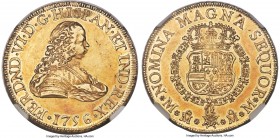 Ferdinand VI gold 8 Escudos 1756 Mo-MM AU55 NGC, Mexico City mint, KM151, Fr-17. An admirable level of detail for this often weakly-struck issue, quit...
