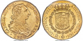 Charles III gold 8 Escudos 1762 Mo-MM AU55 NGC, Mexico City mint, KM155, Onza-744. Notable as the first date of issue for the "rat-nose" bust, this sc...