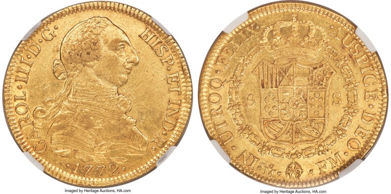 Charles III gold 8 Escudos 1772 Mo-FM AU53 NGC, Mexico City mint, KM156.1. Sligh...