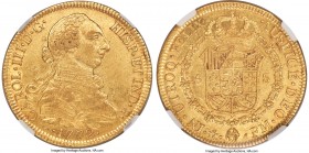 Charles III gold 8 Escudos 1772 Mo-FM AU53 NGC, Mexico City mint, KM156.1. Slight cartwheel luster over pale yellow surfaces, with a slightly weak obv...