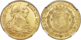 Charles III gold 8 Escudos 1778 Mo-FF AU53 NGC, Mexico City mint, KM156.2. Brass-gold with just a slight darkening from circulation rub atop the highe...