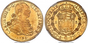 Charles IV gold 8 Escudos 1798 Mo-FM UNC Details (Obverse Cleaned) NGC, Mexico City mint, KM159. Light hairlines to the obverse fields in line with th...