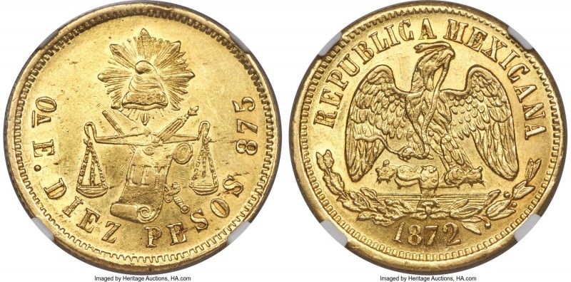 Republic gold 10 Pesos 1872 Oa-E AU58 NGC, Oaxaca mint, KM413.8, Fr-136. Minimal...