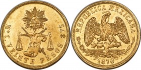 Republic gold 20 Pesos 1870 Mo-C MS63 NGC, Mexico City mint, KM414.6, Fr-119. Mintage: 14,000. Cascading aurous brilliance sweeps the semi-reflective ...