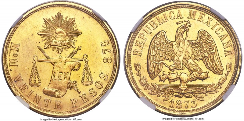 Republic gold 20 Pesos 1873 Mo-M MS63 NGC, Mexico City mint, KM414.6. A well-cen...