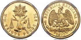 Republic gold 20 Pesos 1873 Mo-M AU58 NGC, Mexico City mint, KM414.6. A gratifying selection boasting flashy golden fields bordered by pleasingly bold...
