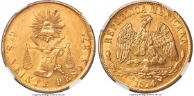 Republic gold 20 Pesos 1874 Go-S MS60 NGC, Guanajuato mint, KM414.4. Lustrous and appealing for the grade, with primarily light wisps of handling serv...