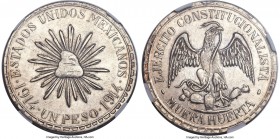 Durango. Revolutionary "Muera Huerta" Peso 1914 AU55 NGC, KM621. Variety without stars and with continuous border on both sides. A Revolutionary issue...
