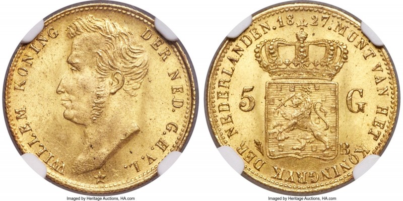 Willem I gold 5 Gulden 1827-B MS64 NGC, Brussels mint, KM60. Luxuriously satiny ...