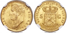 Willem I gold 5 Gulden 1827-B MS64 NGC, Brussels mint, KM60. Luxuriously satiny and glowingly lustrous, only the slightest instances of handling prese...