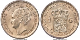 Wilhelmina Gulden 1945-P MS64 PCGS, KM161.2. Acorn privy mark. A deceivingly rare date, the mintage unknown, included within the 25,375,000 pieces iss...