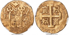 Philip V gold Cob 8 Escudos 1740 L-V AU53 NGC, Lima mint, KM38.2, Fr-12. 27.18gm. An impressive example of this rare type struck on a delightfully thi...