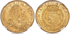 Ferdinand VI gold 8 Escudos 1752 LM-J AU58 NGC, Lima mint, KM50, Fr-16. A pale yellow specimen approaching Mint State, with a slightly soft strike but...