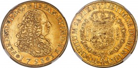 Ferdinand VI gold 8 Escudos 1753 LM-J AU55 NGC, Lima mint, KM50, Fr-16. Quite a strong strike for the issue, with many of the narrower curls clearly d...