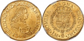 Ferdinand VI gold 8 Escudos 1759 LM-JM AU55 NGC, Lima mint, KM59.2, Fr-20. Minimal indications of any prolonged circulation, with a scattering of smal...