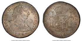 Charles III 8 Reales 1777 LM-MJ MS62 PCGS, Lima mint, KM78, Cal-858. Decorated in soft silver tone with pale blue and golden highlights gracing the le...