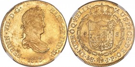 Ferdinand VII gold 8 Escudos 1813 LM-JP AU Details (Obverse Spot Removed) NGC, Lima mint, KM124, Fr-50. Very mildly circulated with near-full luster....