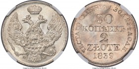 Nicholas I of Russia 2 Zlote (30 Kopecks) 1839 MS64-MW NGC, Warsaw mint, KM-C132, Kop-9420, Bit-1161. Variety with longer middle tail feather on eagle...