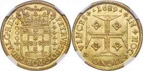 Pedro II gold 4000 Reis 1689 MS65+ NGC, Lisbon mint, KM156, Gomes-99.02. An enviable gem whose opulent golden fields and immense sharpness render it a...