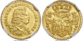 João V gold 1/2 Escudo 1746 MS66 NGC, Lisbon mint, KM218.8, Fr-92. An opulent gem whose grandeur amplifies the small stature of the type, the fields s...
