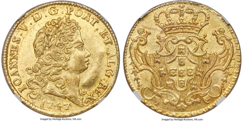 João V gold 4 Escudos (Peça) 1747 AU58 NGC, Lisbon mint, KM221.9, Fr-86. On the ...