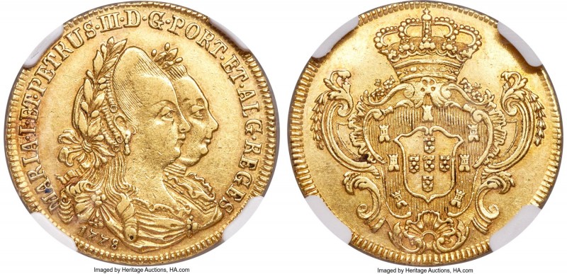 Maria I & Pedro III gold 2 Escudos (3200 Reis) 1778 XF45 NGC, Lisbon mint, KM274...