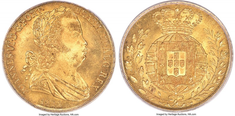 João VI gold 6400 Reis (Peça) 1822 MS66 PCGS, Lisbon mint, KM364. Of virtually u...