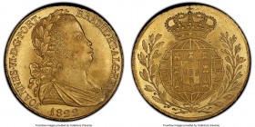 João VI gold 6400 Reis (Peça) 1822 MS65 PCGS, Lisbon mint, KM364. A delightful gem whose surfaces reveal the gentlest texture that spans both faces, t...