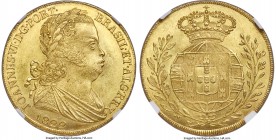 João VI gold 6400 Reis (Peça) 1822 MS63+ NGC, Lisbon mint, KM364, Fr-128. Blooming golden luster sweeps across the fields of this choice selection, wh...