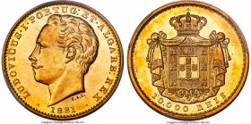Luiz I gold 10000 Reis 1881 MS65 PCGS, KM520. Of clear conditional rarity in this elite gem level grade, the surfaces scintillatingly lustrous and enh...