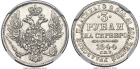 Nicholas I platinum 3 Roubles 1844-CПБ AU Details (Cleaned) NGC, St. Petersburg mint, KM-C177, Fr-160, Bit-90 (R). A lightly circulated example of thi...
