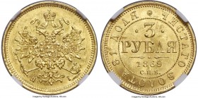 Alexander II gold 3 Roubles 1869 CПБ-HI MS63 NGC, St. Petersburg mint, KM-Y26, Fr-164, Bit-31. A delightfully lustrous offering whose fields combine s...