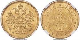 Alexander II gold 3 Roubles 1877 CПБ-HI MS63 NGC, St. Petersburg mint, KM-Y26, Bit-39 (R). Mintage: 50,000. One of the lowest mintage dates in the ser...