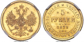 Alexander II gold 5 Roubles 1879 CПБ-HФ MS64 NGC, St. Petersburg mint, KM-YB26, Bit-28. Obv. Crowned double-headed eagle with orb and scepter. Rev. Da...