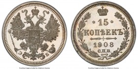 Nicholas II Proof 15 Kopecks 1908 CПБ-ЭБ PR66 Cameo PCGS, St. Petersburg mint, KM-Y21a.2, Bit-134. An exquisite and commendable Proof striking express...