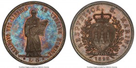 Republic 5 Lire 1898-R MS65 PCGS, Rome mint, KM6. A commendable gem offering sweeping watery luster over which lies a nearly electric lilac and cerule...