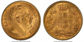 Milan I gold 20 Dinara 1882-V MS64 PCGS, Vienna mint, KM17.1, Mandic-15. Leaping golden cartwheel luster abounds over the fields of this impressive-ne...