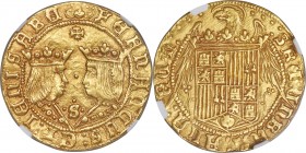 Ferdinand & Isabella (1474-1504) gold 2 Excelentes ND (from 1497)-S AU58 NGC, Seville mint, Fr-129, Cal-74, Cay-2928. 6.97gm. Well-centered for the ty...