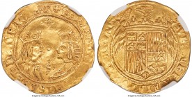 Ferdinand & Isabella (1474-1504) gold 2 Excelentes ND (from 1497)-S AU Details (Cleaned) NGC, Seville mint, Fr-129, Cay-2818. 6.92gm. Crowned busts fa...
