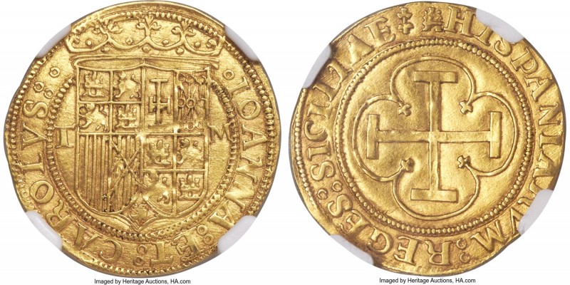 Charles & Johanna (1516-1555) gold Cob Escudo ND (from 1535) T-M MS62 NGC, Toled...