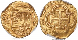 Philip II gold Cob Escudo ND (1556-1598)-AO XF Details (Damaged) NGC, Valladolid mint, Cal-128, Fr-179a (9th edition). 3.34gm. A very rare type for th...