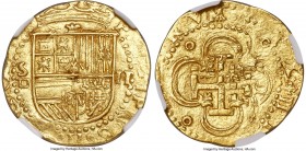 Philip II gold Cob "Square D" 2 Escudos ND (1556-98) S-D MS62 NGC, Seville mint, Fr-169. 6.76gm. A worthy representative of this cob type with luminou...