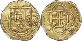 Philip II gold Cob 2 Escudos 1597-B AU53 NGC, Seville mint, Cay-4136. 6.73gm. Lightly circulated, with brass-gold surfaces retaining a degree of origi...