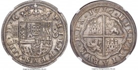 Philip IV 8 Reales 1636 (Aqueduct)-R MS63 NGC, Segovia mint, KM111, Cal-580. Sharply rendered, without a single central detail or even letter of the l...